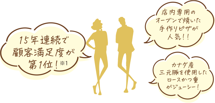 15年連続で顧客満足度が第1位!※1/店内専用のオーブンで焼いた手作りピザが人気!!/カナダ産三元豚を使用したロースかつ重がジューシー!